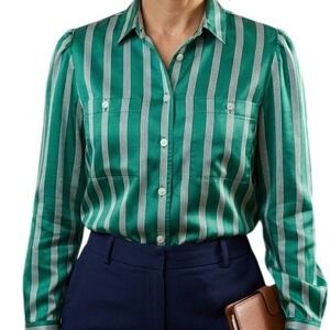 Vintage G Gucci Emerald Green Striped 100% Silk Button Down Blouse Italy sz 36